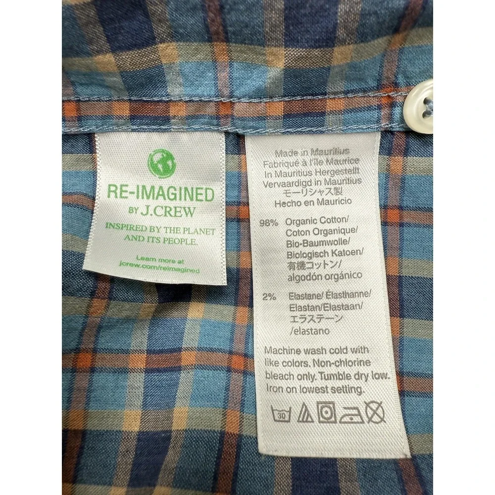 J Crew Shirt Mens Medium Blue Plaid Slim Untucked Organic Cotton‎ Stretch Casual